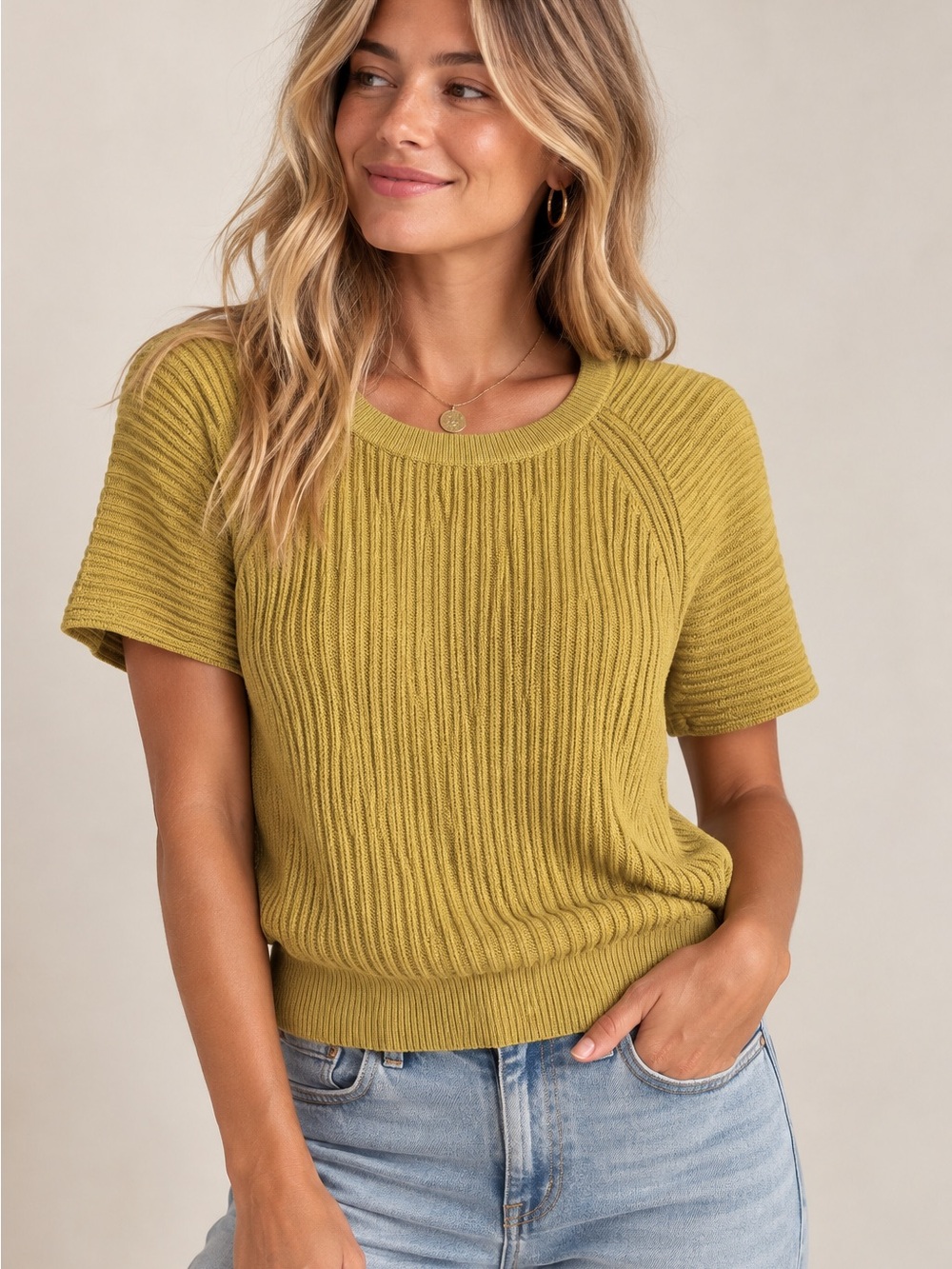 🌻 Philosophy Ribbed Chartreuse Short-Sleeve Knit Sweater 🌻
